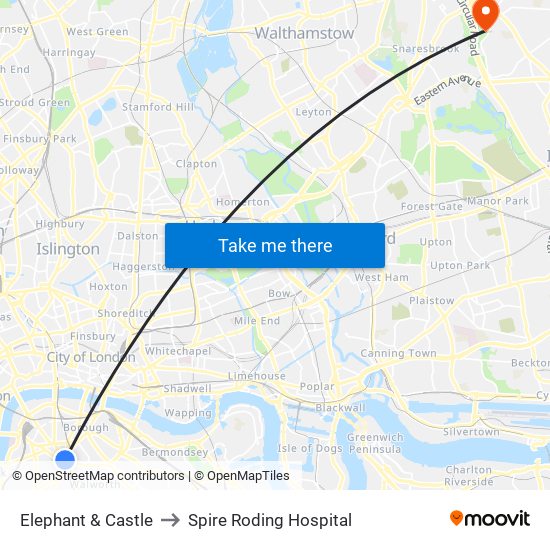 Elephant & Castle to Spire Roding Hospital map
