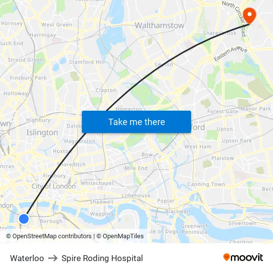Waterloo to Spire Roding Hospital map