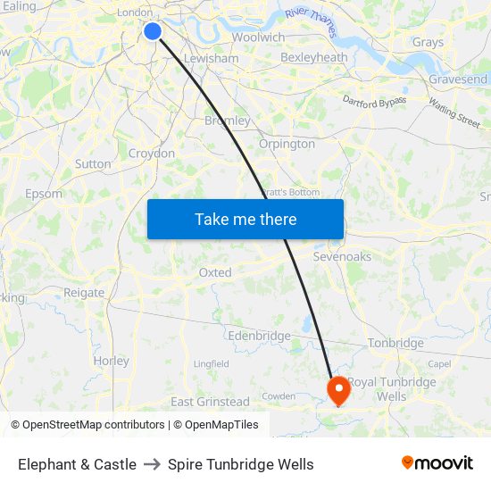 Elephant & Castle to Spire Tunbridge Wells map