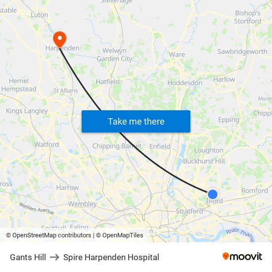 Gants Hill to Spire Harpenden Hospital map