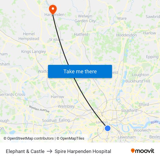 Elephant & Castle to Spire Harpenden Hospital map