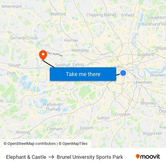 Elephant & Castle to Brunel University Sports Park map