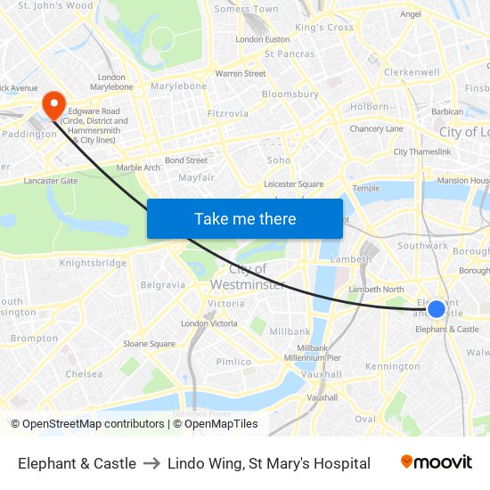Elephant & Castle to Lindo Wing, St Mary's Hospital map