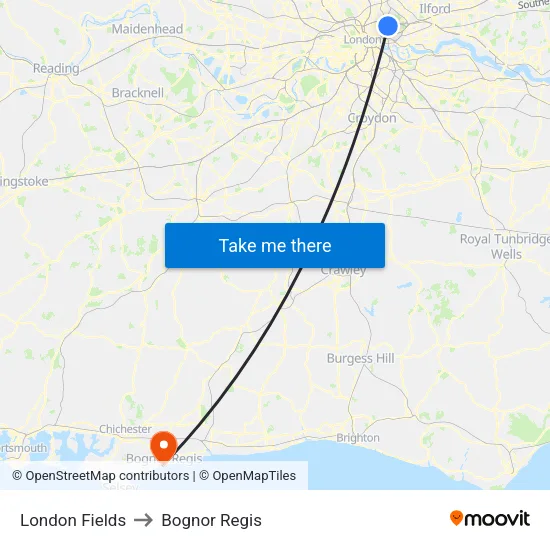 London Fields to Bognor Regis map