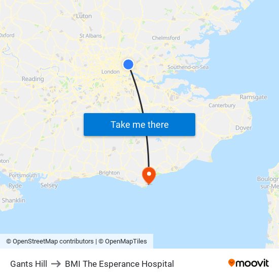 Gants Hill to BMI The Esperance Hospital map