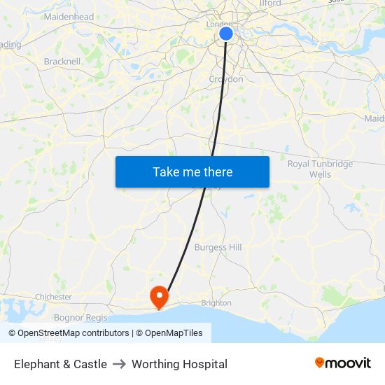 Elephant & Castle to Worthing Hospital map