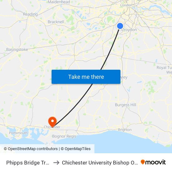Phipps Bridge Tram Stop to Chichester University Bishop Otter Campus map