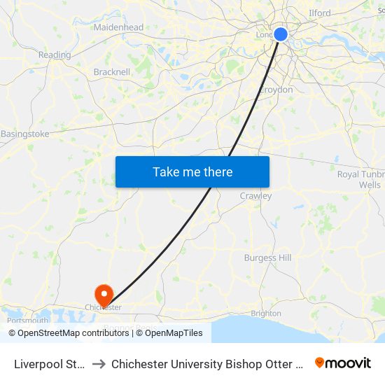 Liverpool Street to Chichester University Bishop Otter Campus map