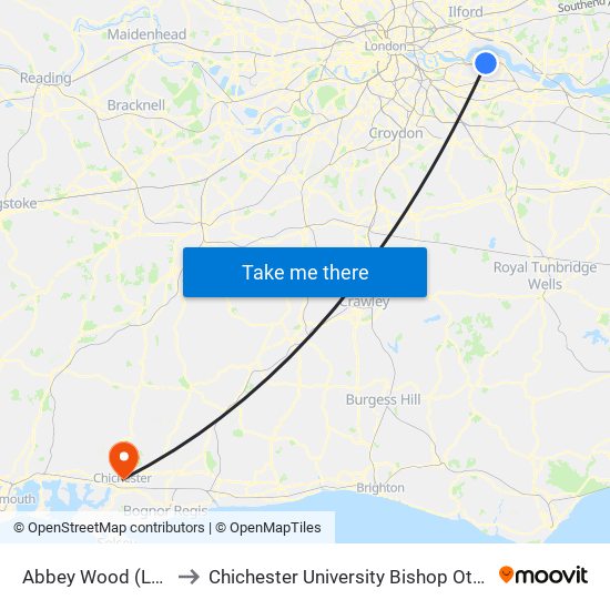 Abbey Wood (London) to Chichester University Bishop Otter Campus map