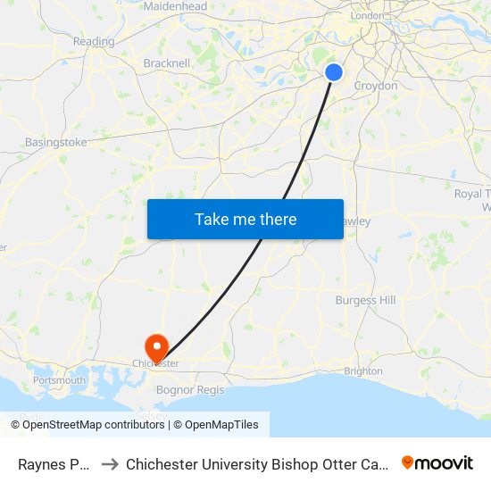 Raynes Park to Chichester University Bishop Otter Campus map