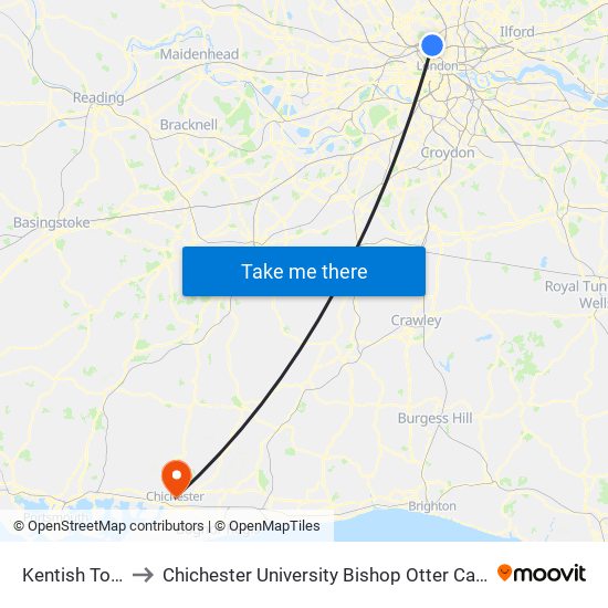 Kentish Town to Chichester University Bishop Otter Campus map