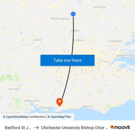 Bedford St Johns to Chichester University Bishop Otter Campus map