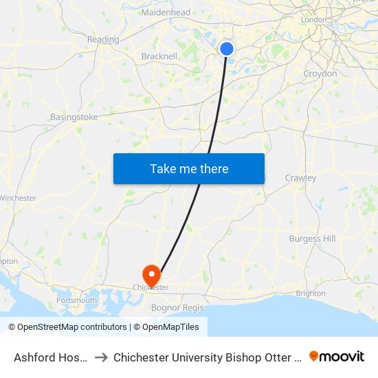 Ashford Hospital to Chichester University Bishop Otter Campus map