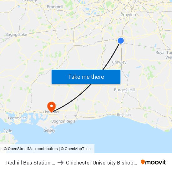 Redhill Bus Station Redhill (1) to Chichester University Bishop Otter Campus map