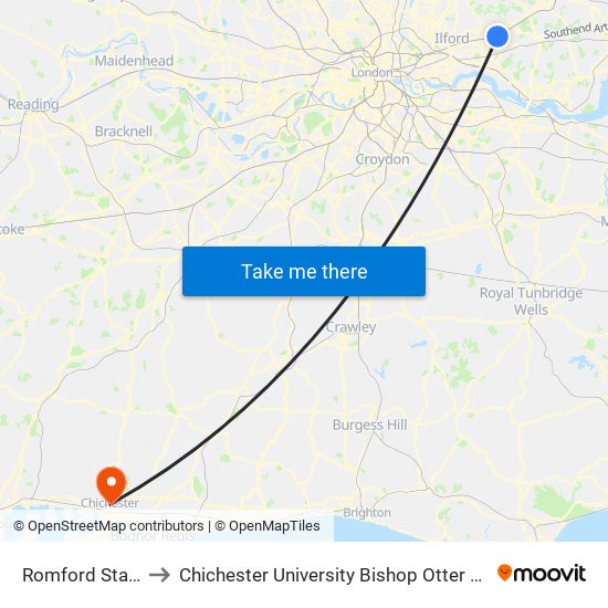 Romford Station to Chichester University Bishop Otter Campus map