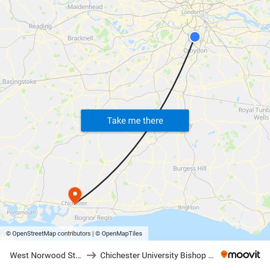 West Norwood Station (W) to Chichester University Bishop Otter Campus map