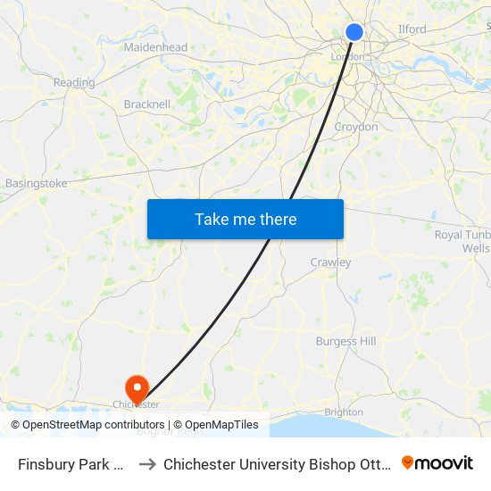 Finsbury Park Station to Chichester University Bishop Otter Campus map