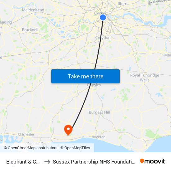 Elephant & Castle to Sussex Partnership NHS Foundation Trust map