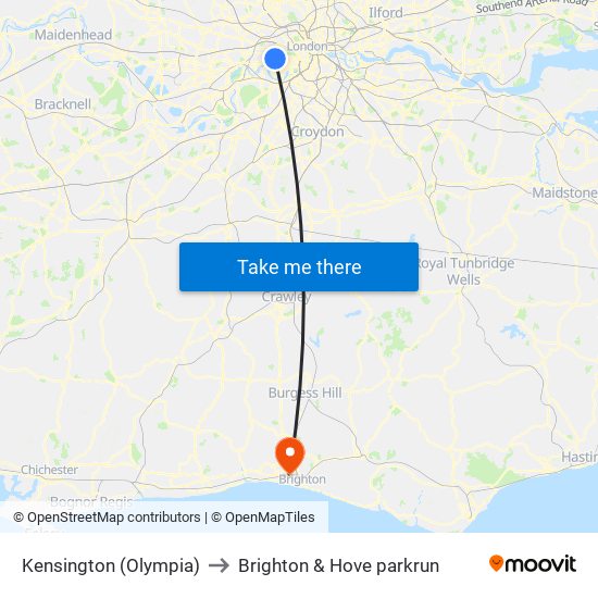Kensington (Olympia) to Brighton & Hove parkrun map