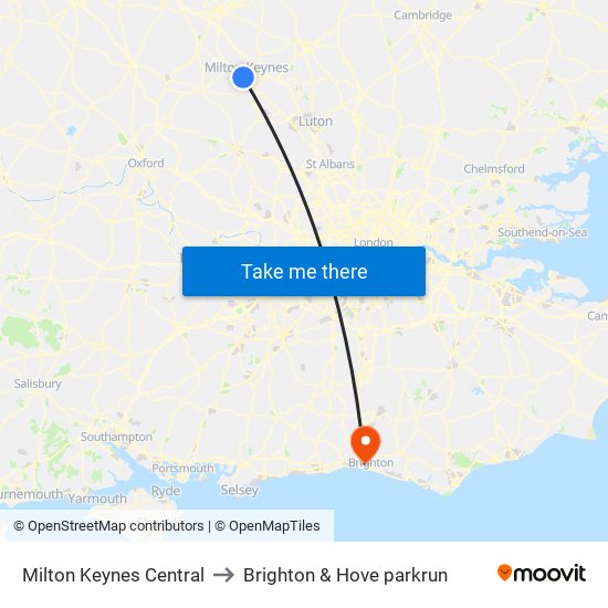 Milton Keynes Central to Brighton & Hove parkrun map