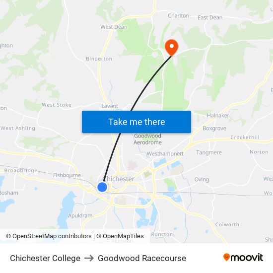 Chichester College to Goodwood Racecourse map