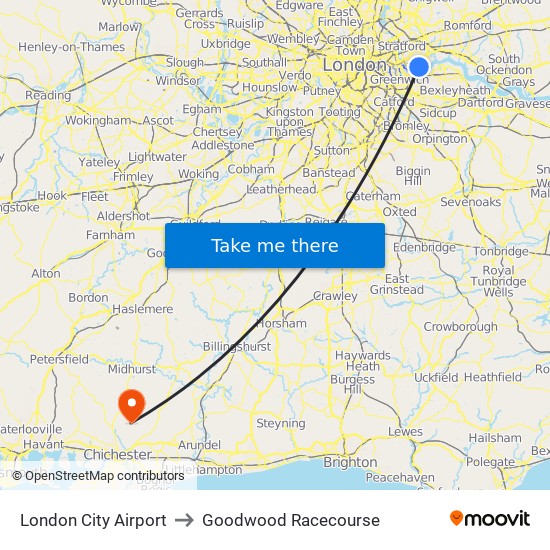 London City Airport to Goodwood Racecourse map