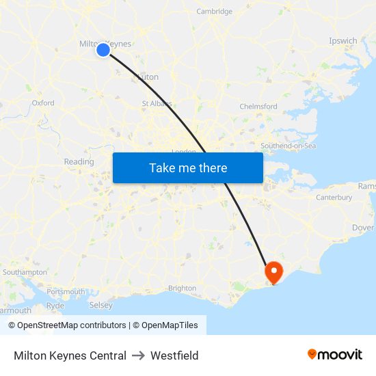 Milton Keynes Central to Westfield map