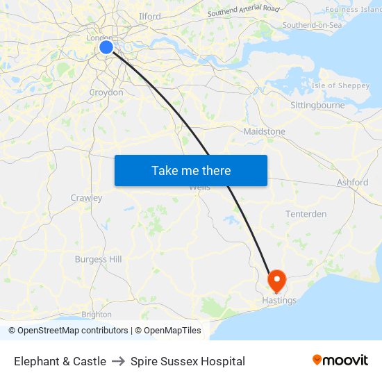 Elephant & Castle to Spire Sussex Hospital map