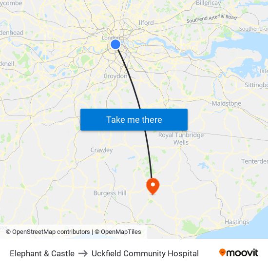 Elephant & Castle to Uckfield Community Hospital map