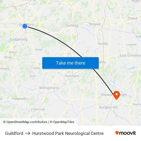 Guildford to Hurstwood Park Neurological Centre map