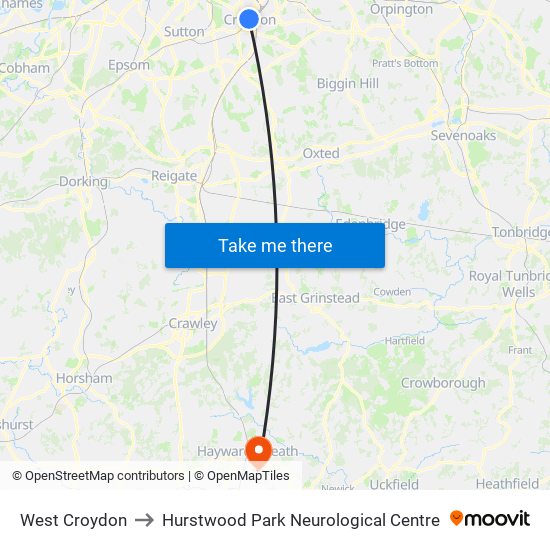 West Croydon to Hurstwood Park Neurological Centre map