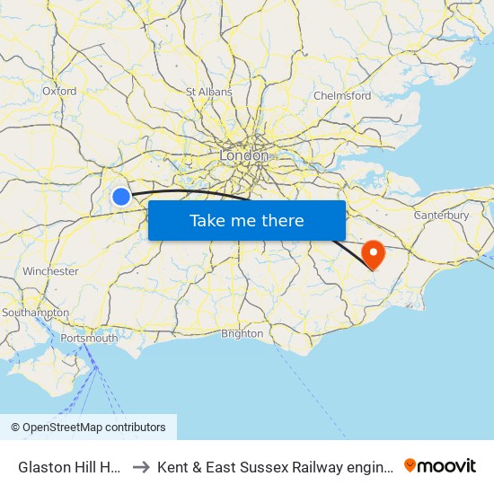 Glaston Hill House to Kent & East Sussex Railway engine sheds map