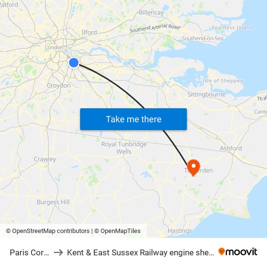 Paris Corte to Kent & East Sussex Railway engine sheds map