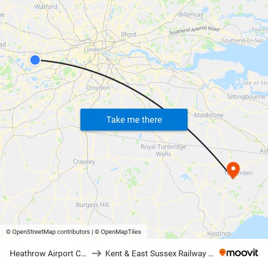 Heathrow Airport Coach Park to Kent & East Sussex Railway engine sheds map