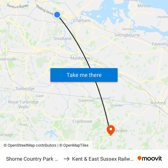 Shorne Country Park Visitors Centre to Kent & East Sussex Railway engine sheds map