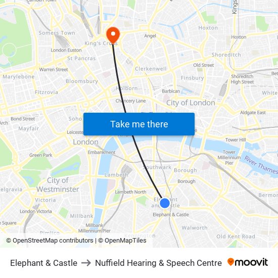 Elephant & Castle to Nuffield Hearing & Speech Centre map
