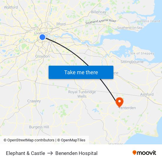 Elephant & Castle to Benenden Hospital map