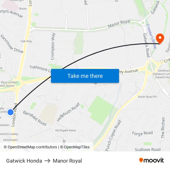 Gatwick Honda to Manor Royal map