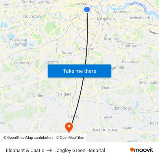 Elephant & Castle to Langley Green Hospital map