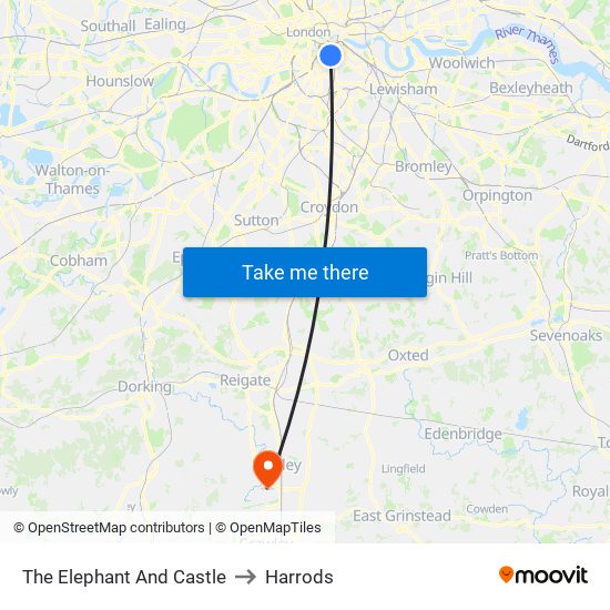 The Elephant And Castle to Harrods map