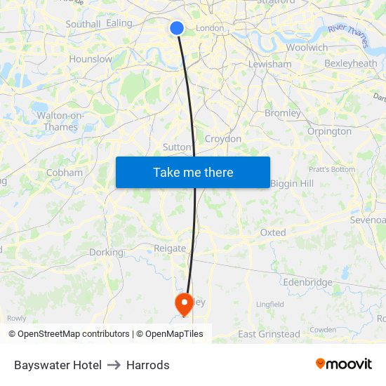 Bayswater Hotel to Harrods map