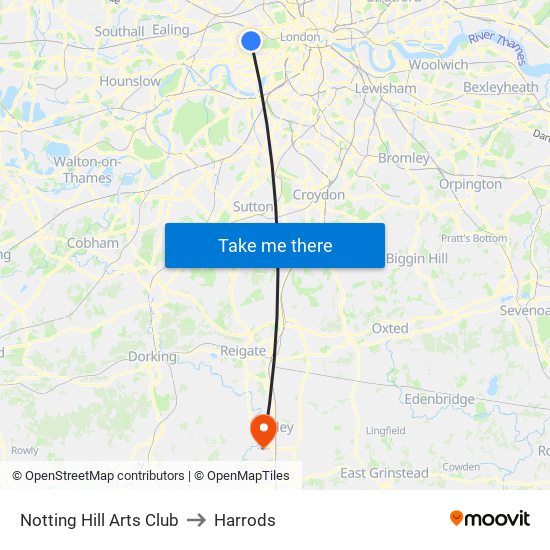 Notting Hill Arts Club to Harrods map