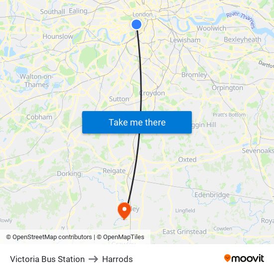 Victoria Bus Station to Harrods map