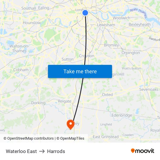 Waterloo East to Harrods map