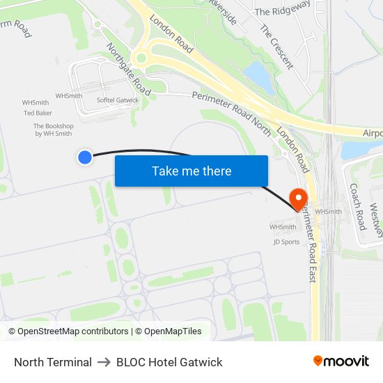 North Terminal to BLOC Hotel Gatwick map