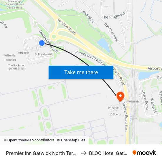 Premier Inn Gatwick North Terminal to BLOC Hotel Gatwick map