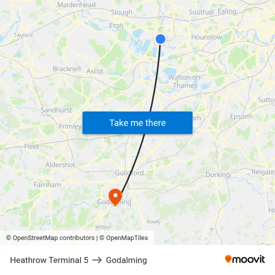 Heathrow Terminal 5 to Godalming map