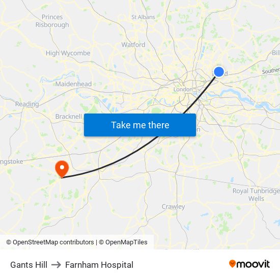 Gants Hill to Farnham Hospital map