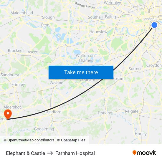 Elephant & Castle to Farnham Hospital map