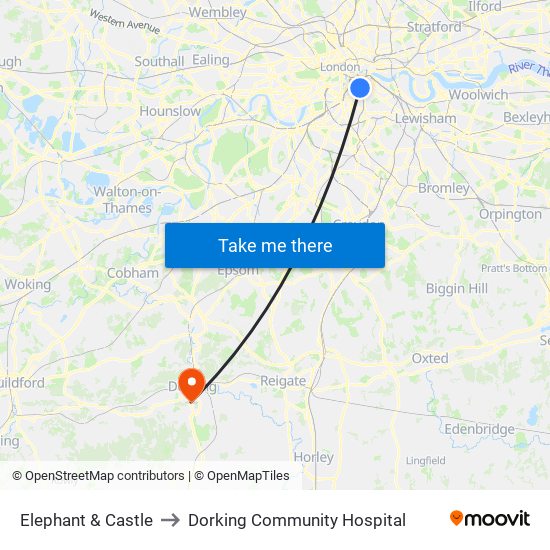 Elephant & Castle to Dorking Community Hospital map